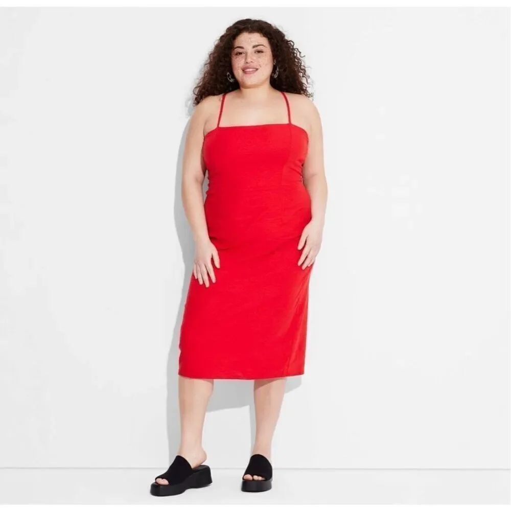 ✨Wild Fable Women's Linen Lace Tie Back Red Summer Midi Slip Sz 14 Dress✨